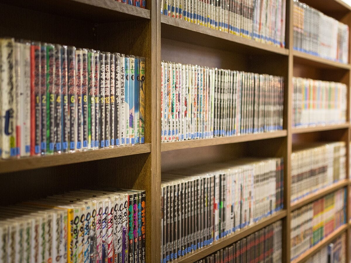 A bookshelf filled with DVDs.