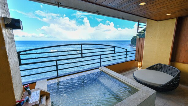 A balcony with a view of the sea, a small pool, and a wicker chair. - Hokkawa Onsen Hotel (Higashiizu)