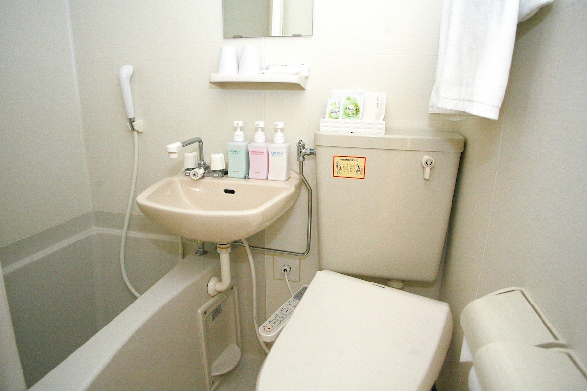 combined shower/bathtub, free toiletries, hair dryer, slippers