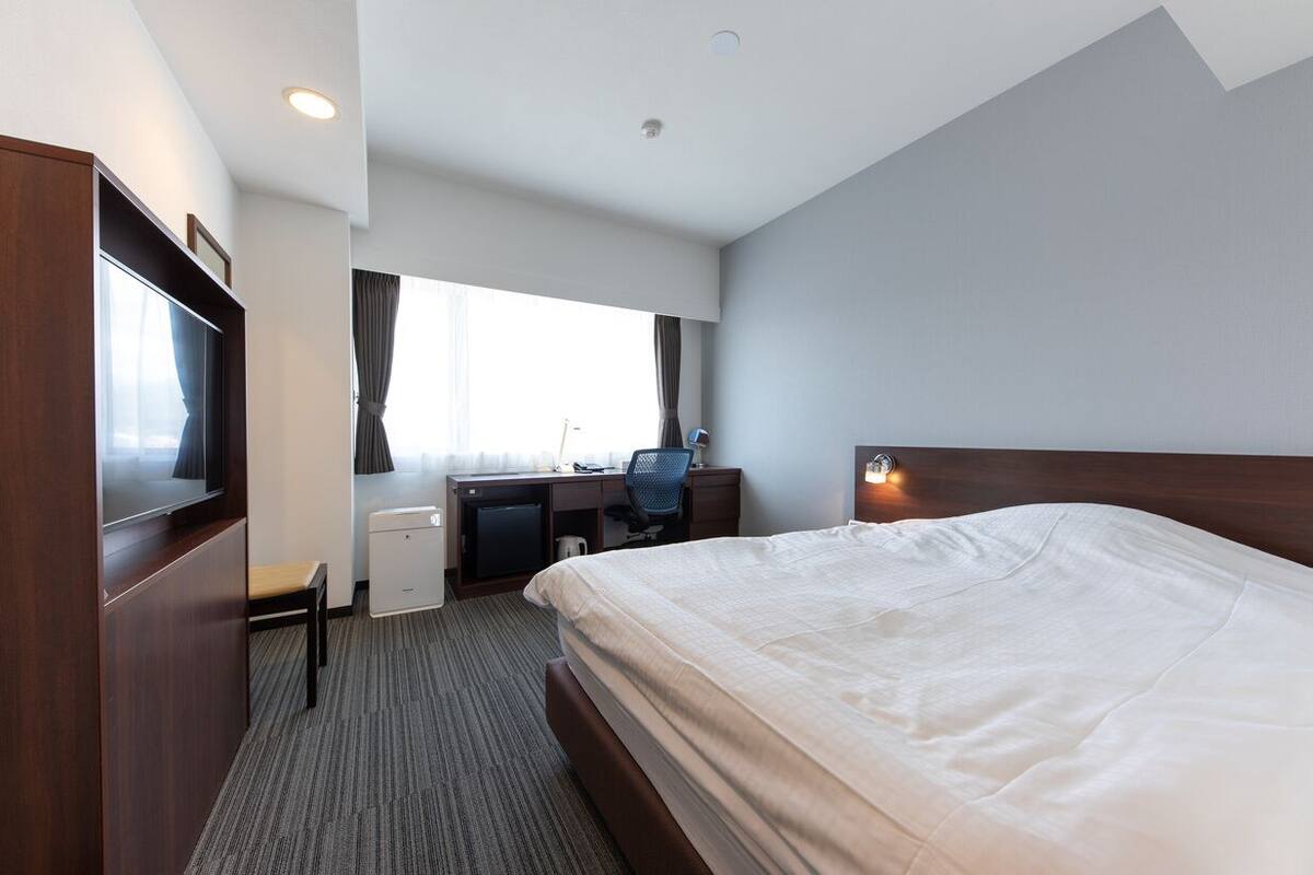 A hotel room with a bed, desk, chair, and a television.