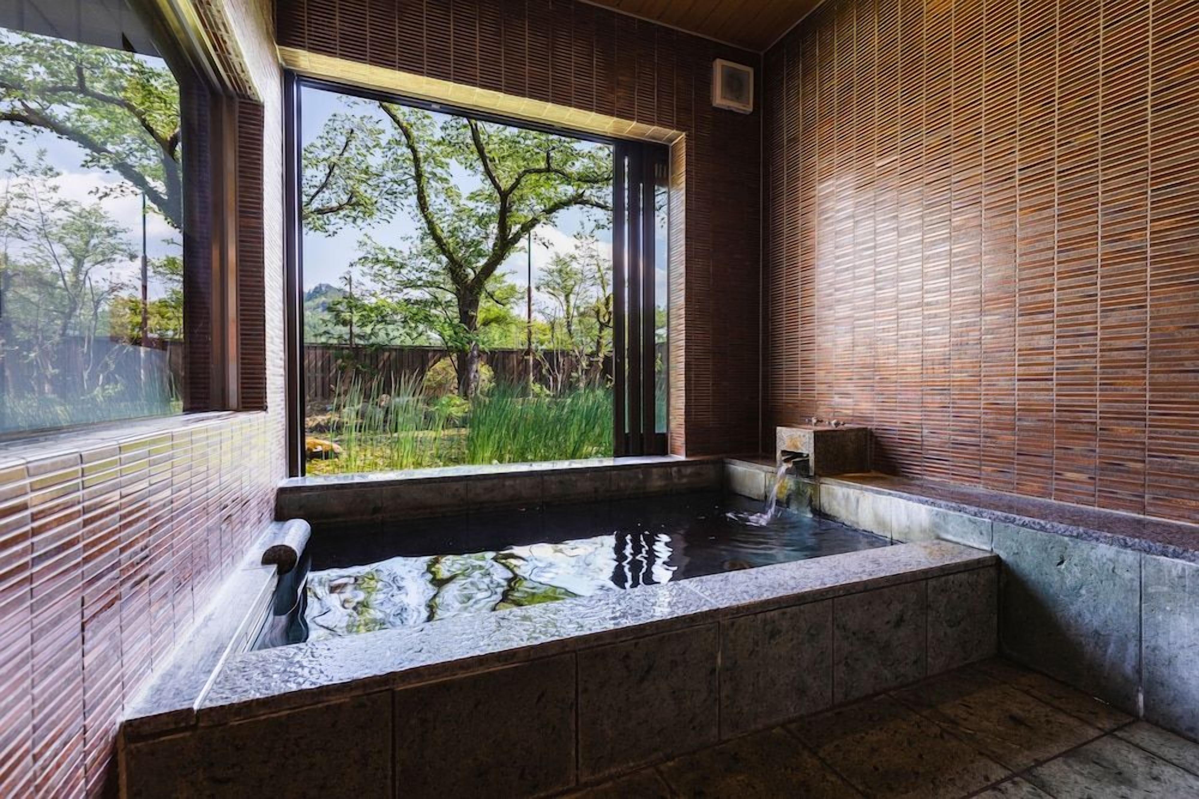 A hot spring bath with a view of a garden and trees.