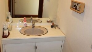 Une salle de bain avec deux lavabos, un miroir, un distributeur de serviettes et une petite étagère en bois.