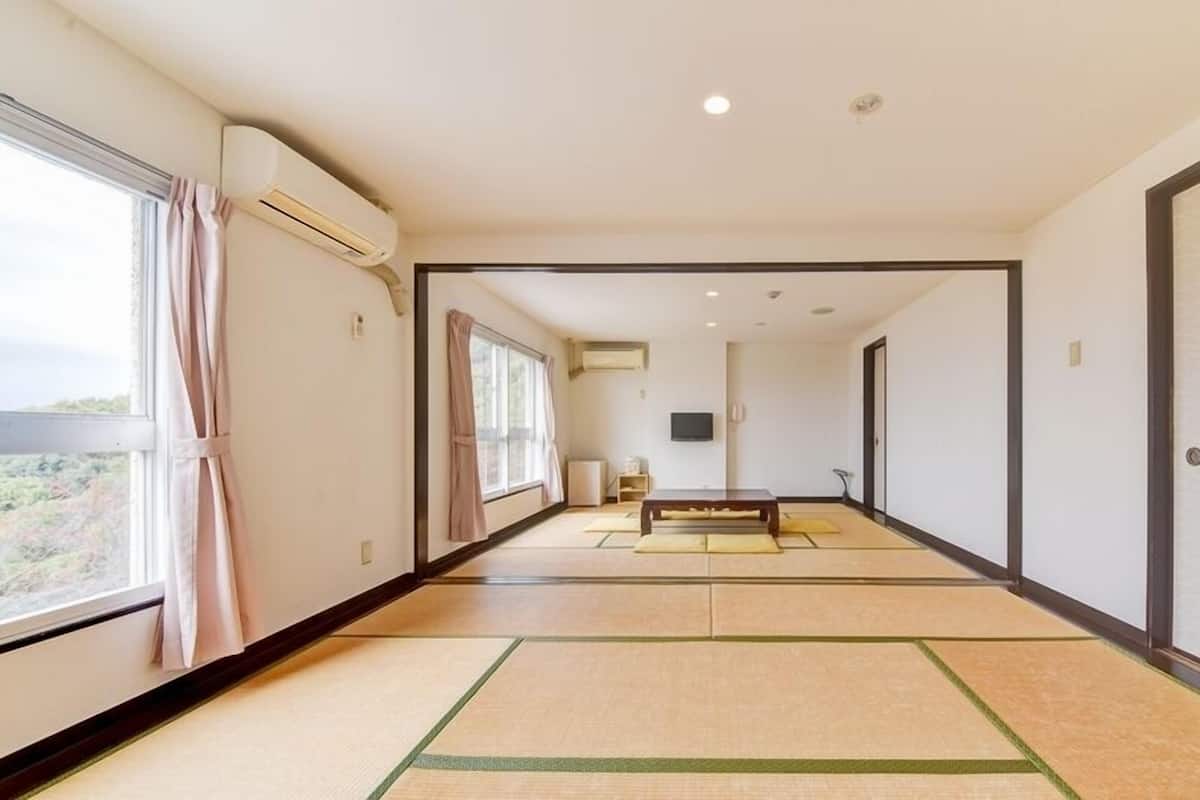 A hotel room with tatami mats, a futon bed, a television, and a sliding door.