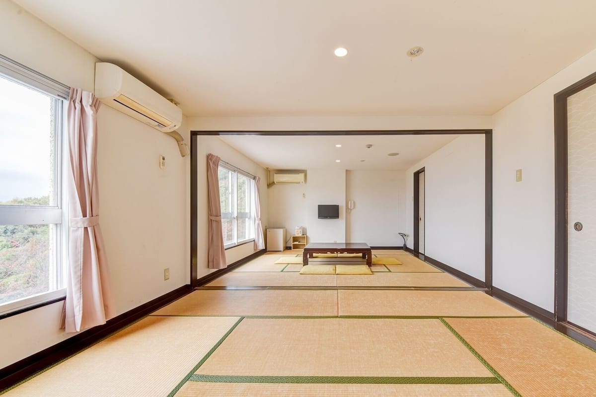 A hallway with tatami mats, a television, and a table.