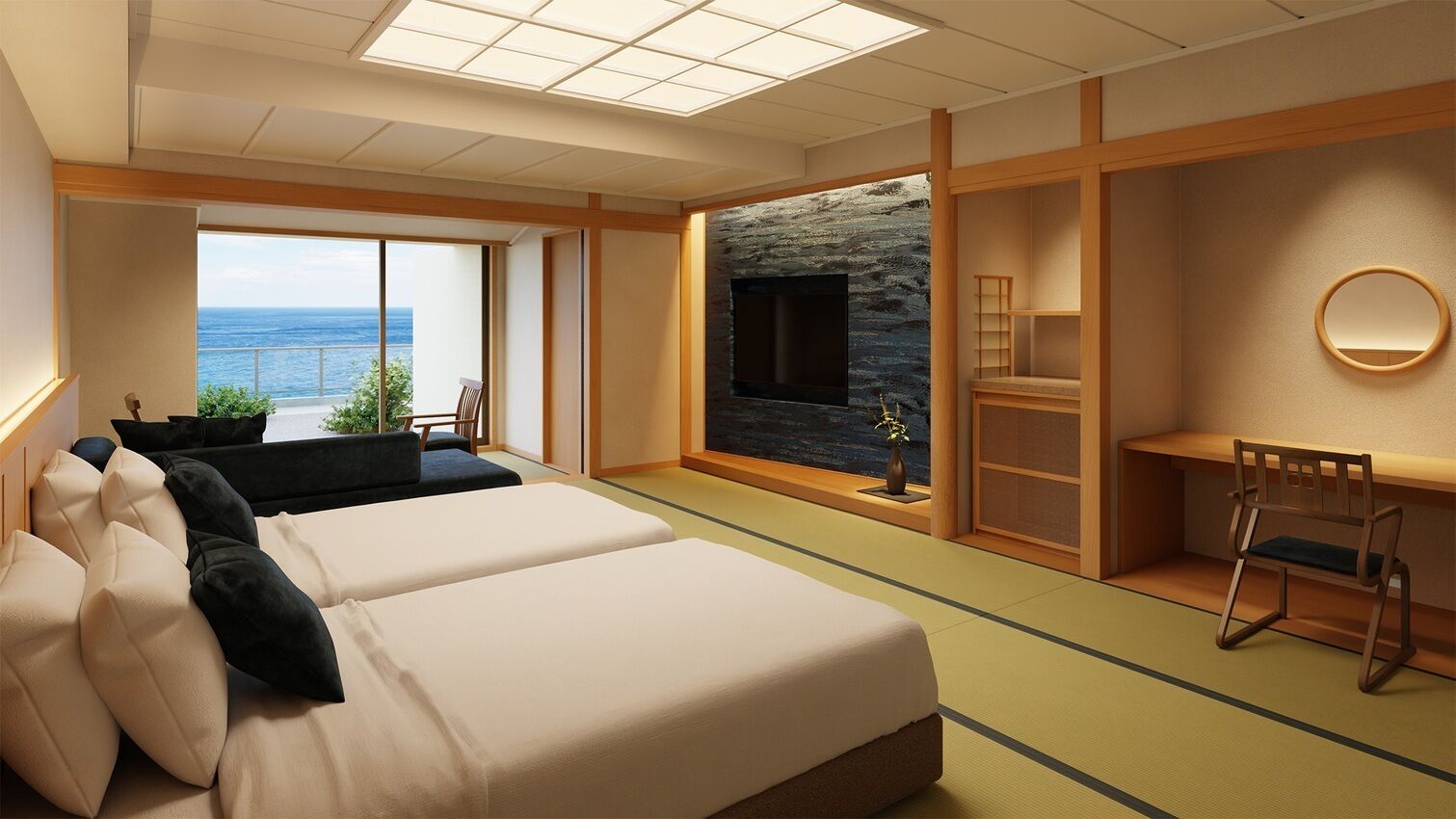 Habitación de hotel con una cama grande, un escritorio, una silla, un televisor y vistas al mar.