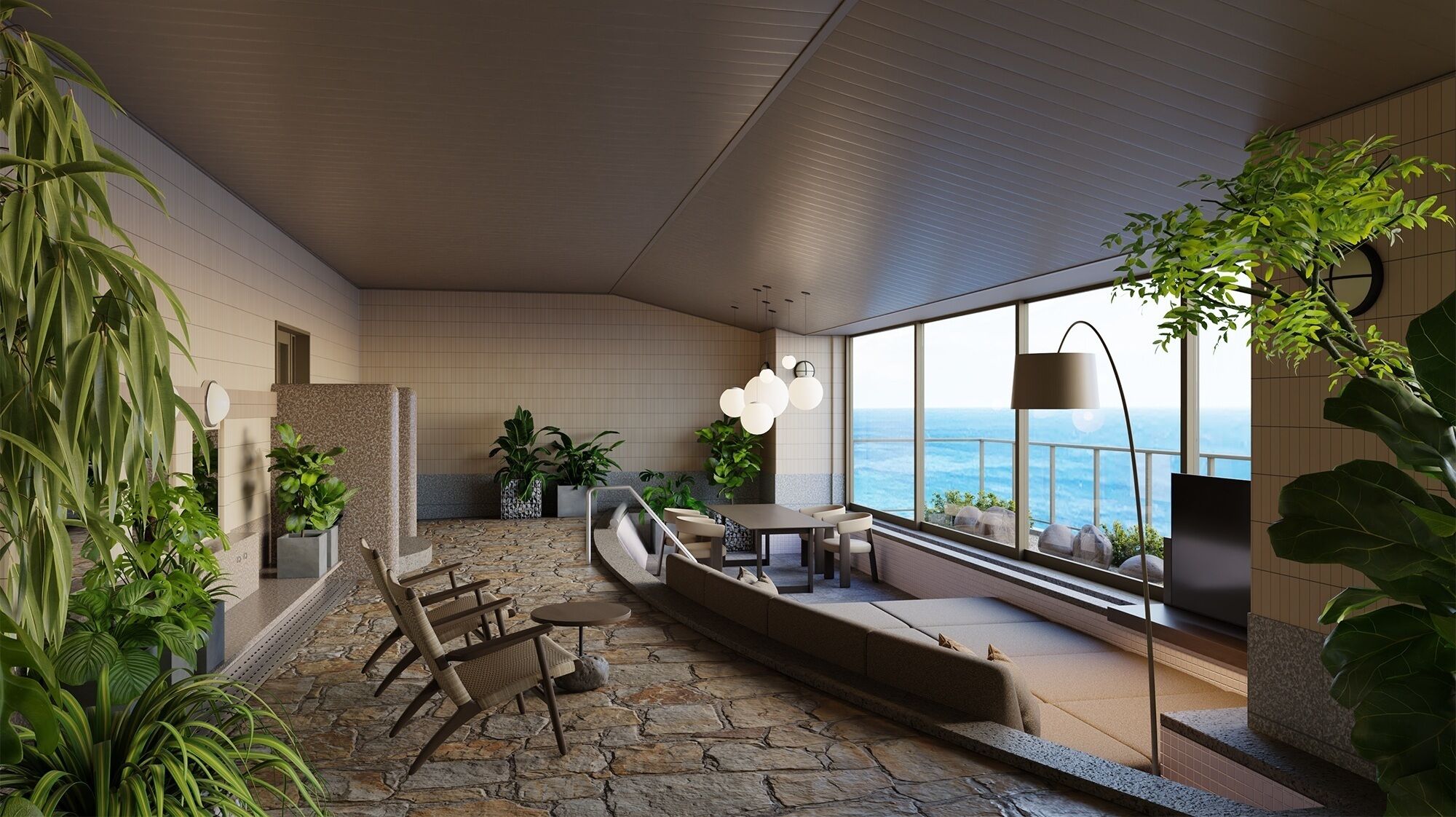 Un intérieur moderne avec un sol en pierre, un coin salon et de grandes fenêtres offrant une vue dégagée.