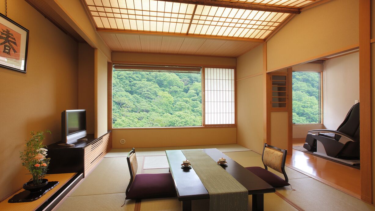 A traditional Japanese room with tatami flooring, a low table with cushions, a television on a cabinet, and a sliding door leading to a balcony with a forest view.