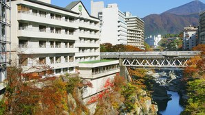 A multi-story hotel with balconies, a bridge, and a river.