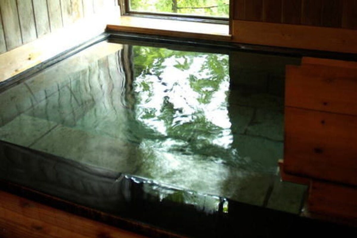 Ein Holzinnenraum mit einem Pool mit Glasboden, der Bäume spiegelt.