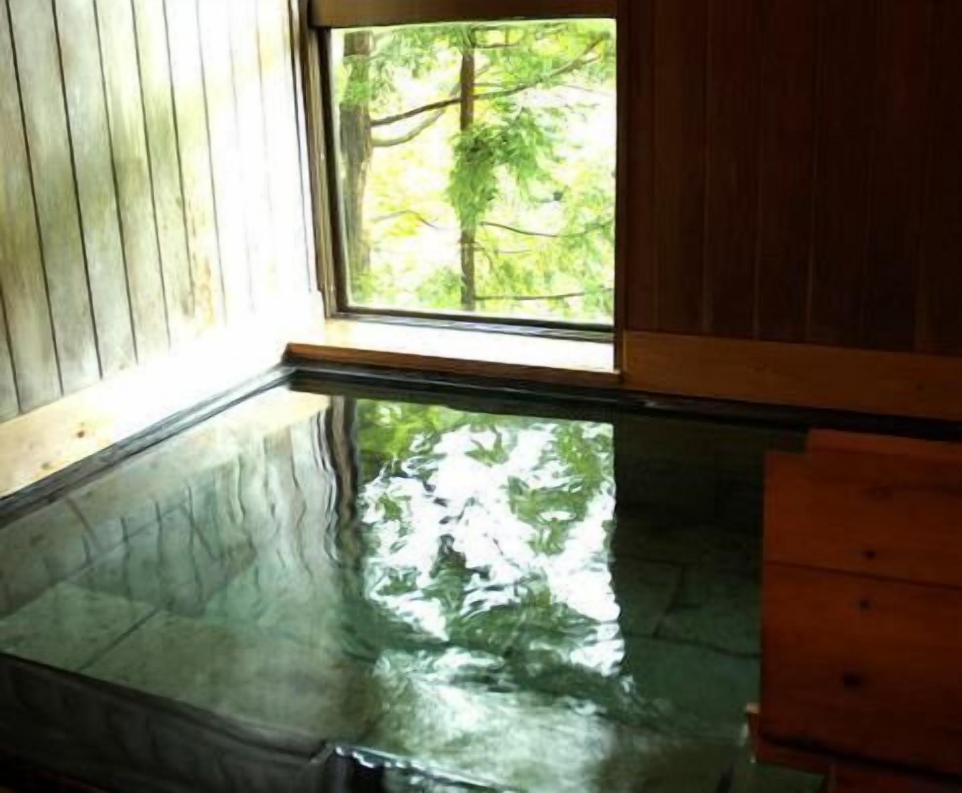 A room with a glass-bottomed pool reflecting trees, wooden walls, and a window.
