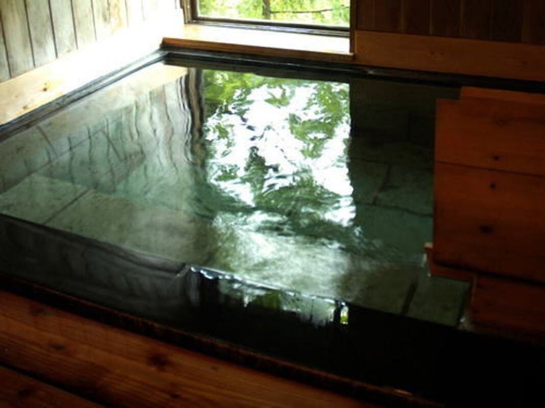 A wooden interior with a glass-bottomed pool reflecting trees.