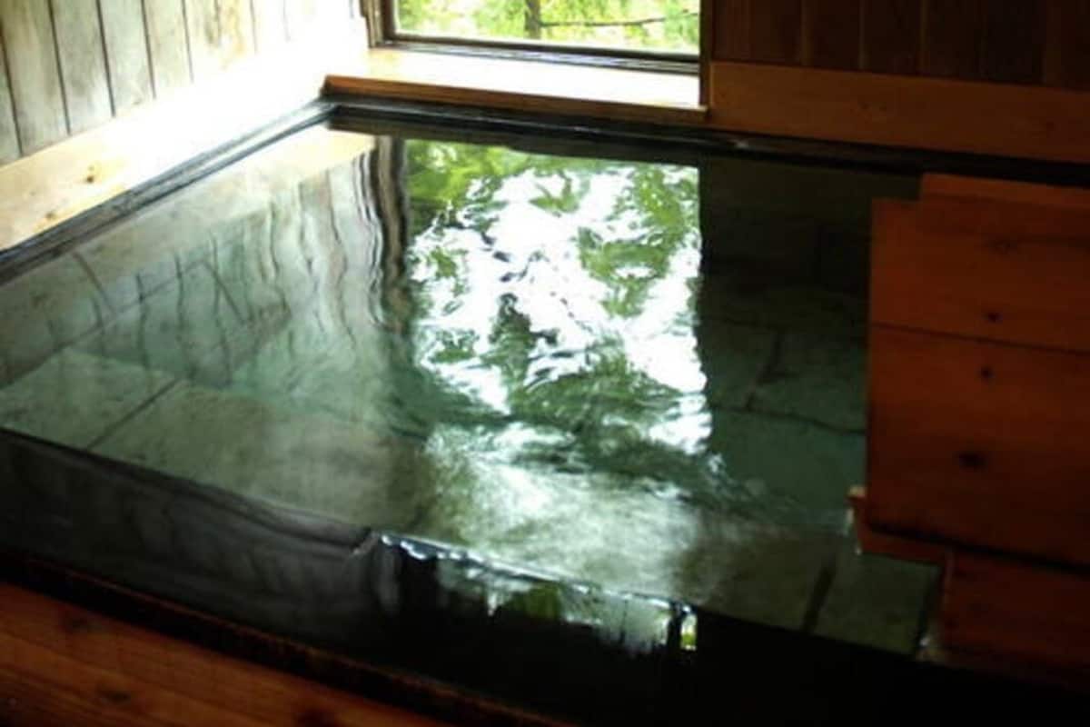 A wooden interior with a glass-bottomed pool reflecting trees.