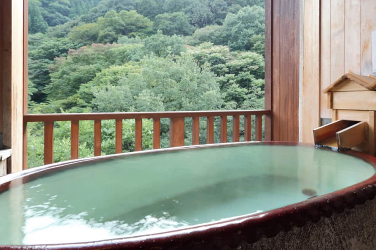 A hot spring bath with a wooden railing, a wooden cabinet, and a view of a forested area.