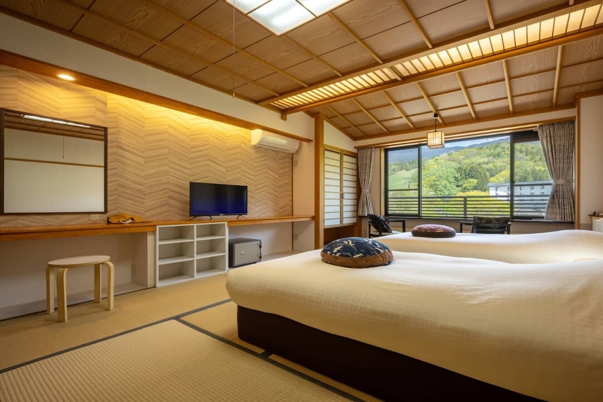 Een slaapkamer met een bed, een televisie, een bureau en uitzicht op het groen.