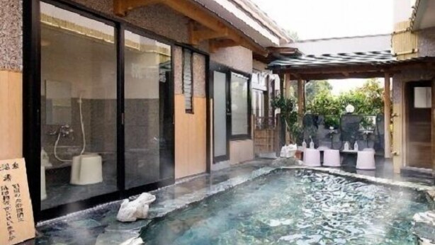 A spa area with a hot spring, wooden beams, and a stone wall. - Hotel Taihei (Matsuyama)
