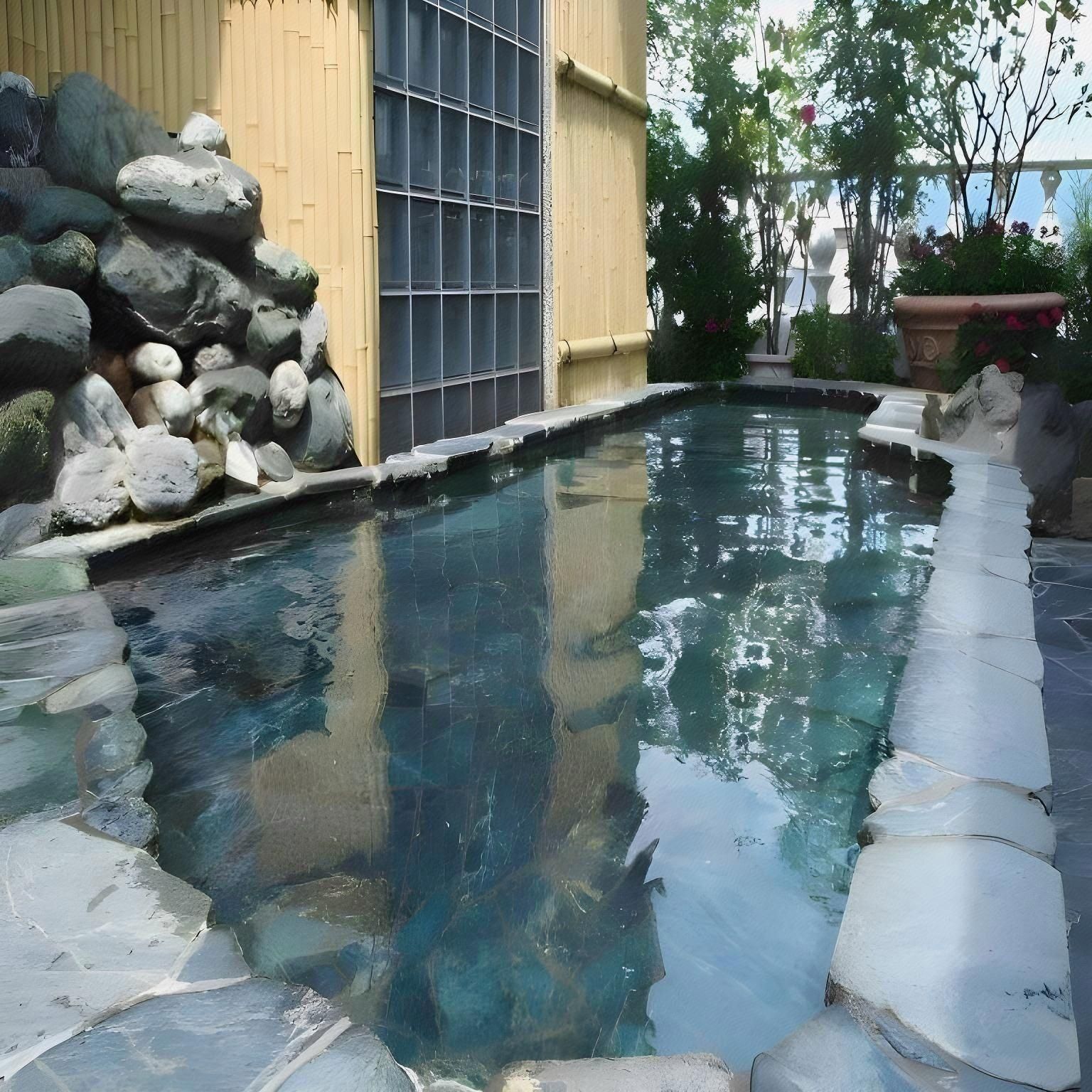 Ein Schwimmbecken mit Steinrand, Holzzaun und einem Gebäude mit großen Fenstern im Hintergrund.