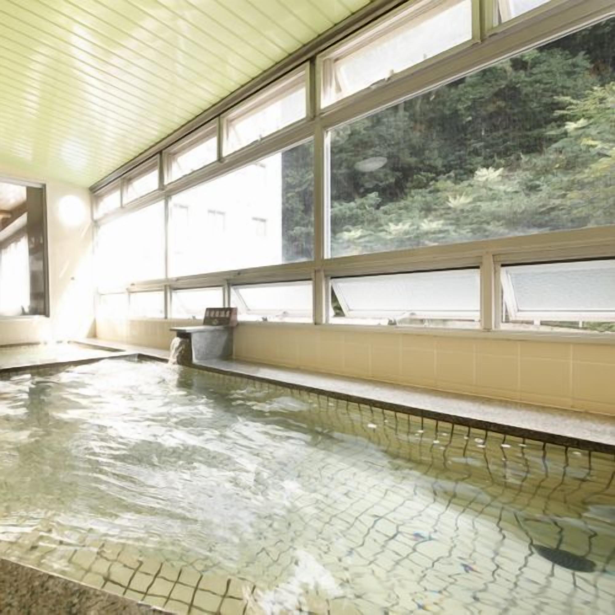 A swimming pool with clear water, tiled walls, and large windows offering a view of greenery outside.