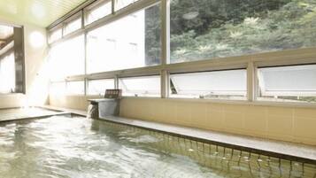 A swimming pool with clear water, tiled walls, and large windows offering a view of greenery outside.