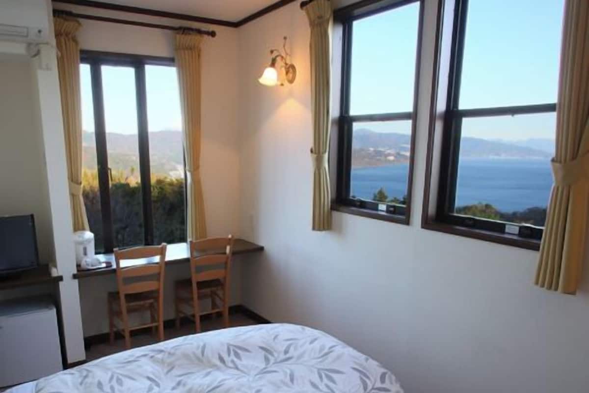 A bedroom with a bed, a desk, and a chair. There are two windows with curtains.