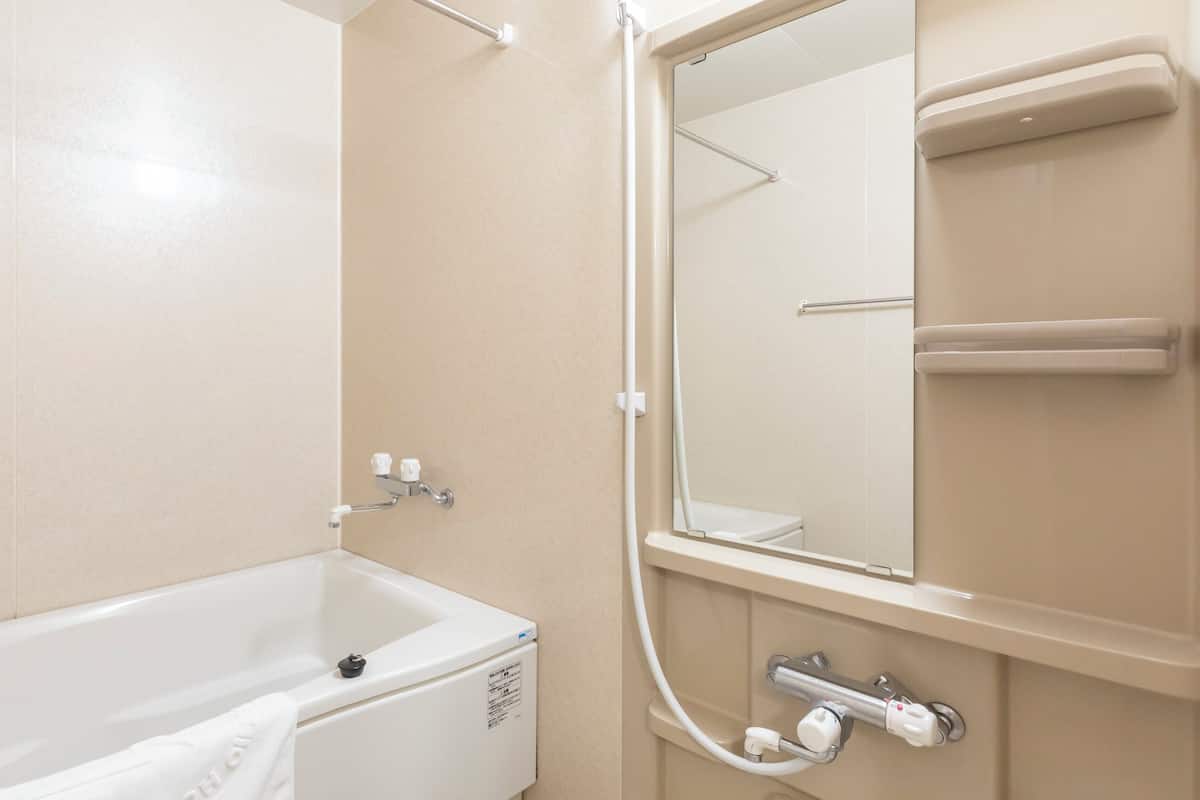 Une salle de bain avec une baignoire, une douche et un miroir.