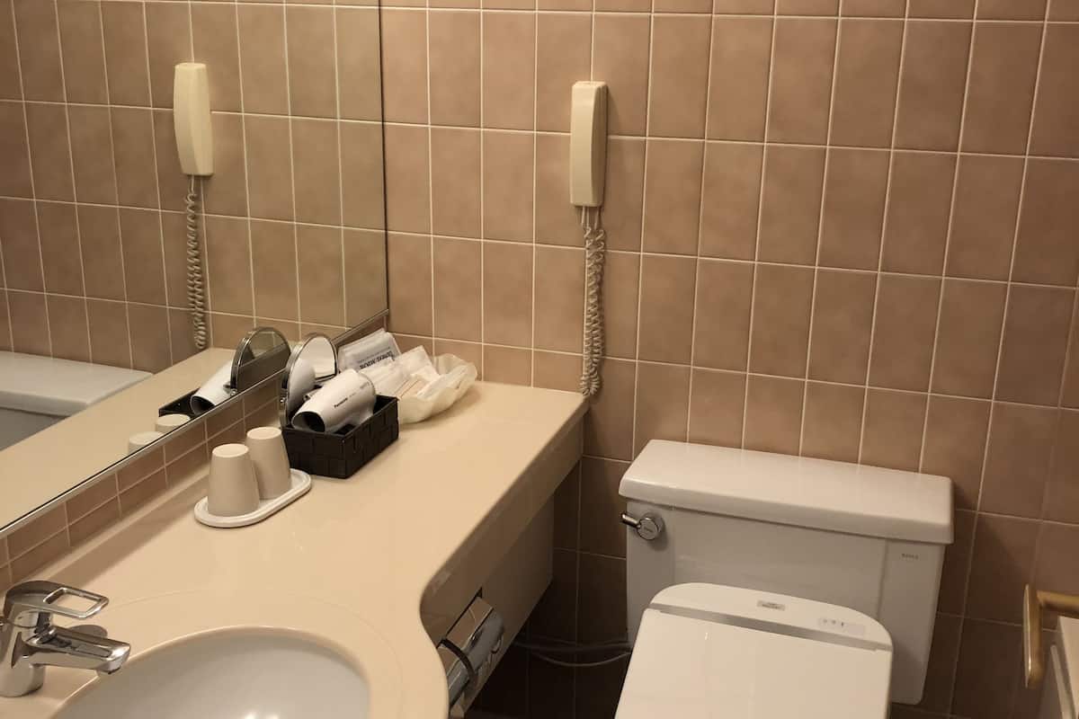 combined shower/bathtub, deep-soaking bathtub, free toiletries