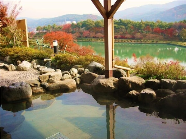 A tranquil outdoor setting with a clear water feature, rocks, and a wooden structure.