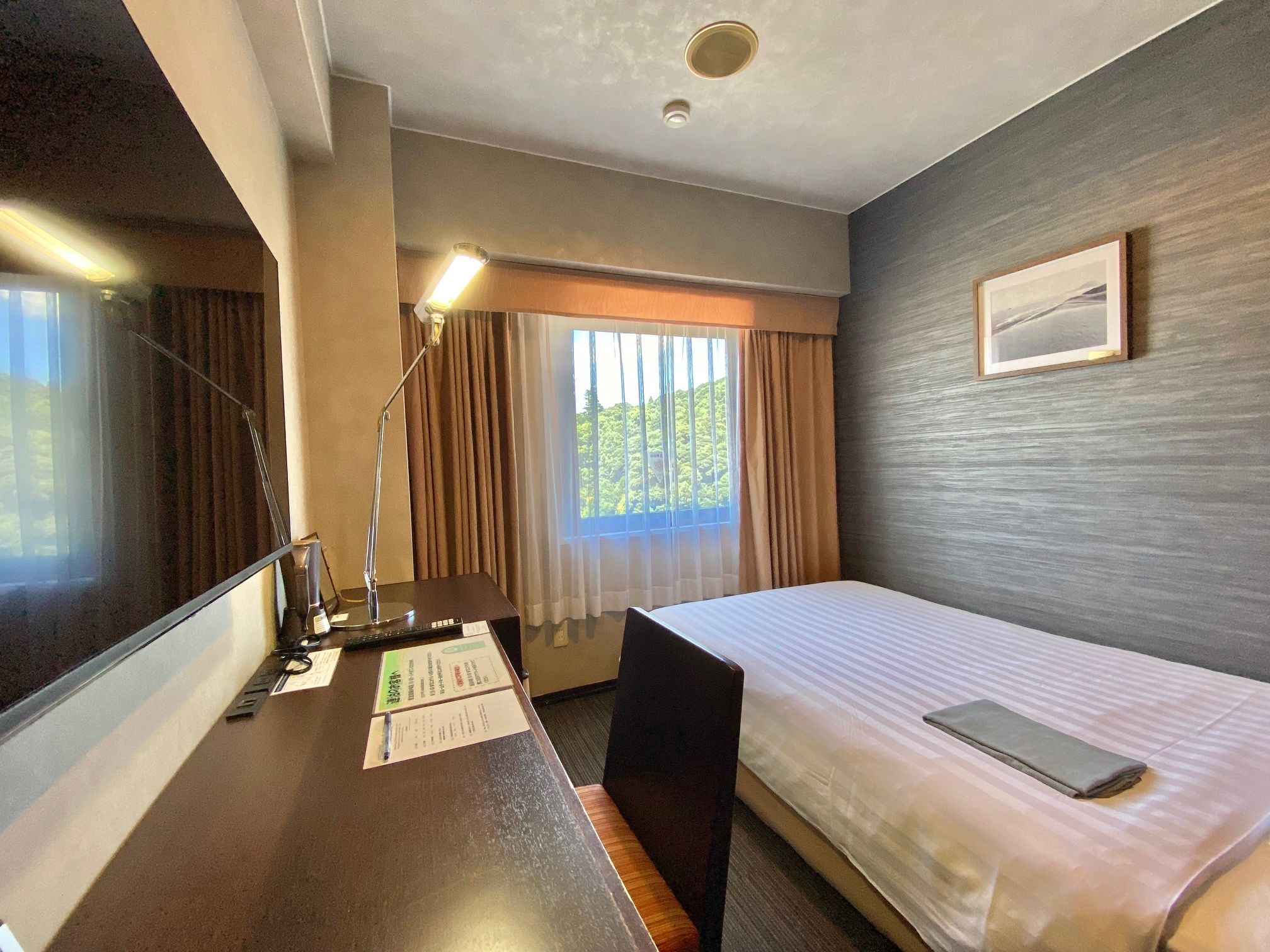 Une chambre d’hôtel avec un lit, un bureau avec une lampe, une fenêtre avec des rideaux et un tableau au mur.