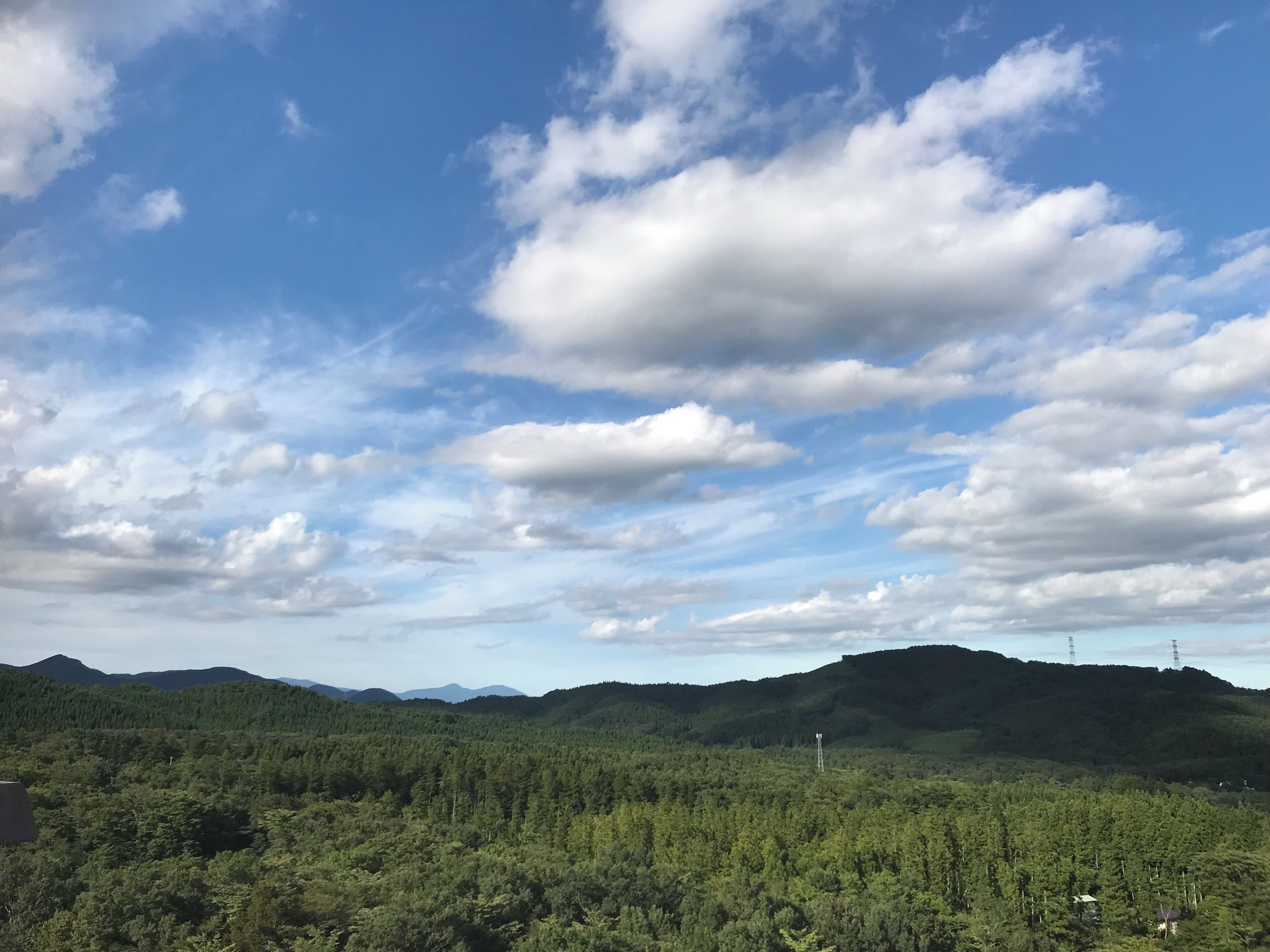 Ett bergigt landskap med tät skog och en klar himmel.