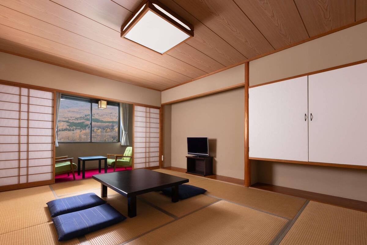 Una habitación japonesa tradicional con suelo de tatami, una mesa baja, una silla verde, un televisor y un armario.
