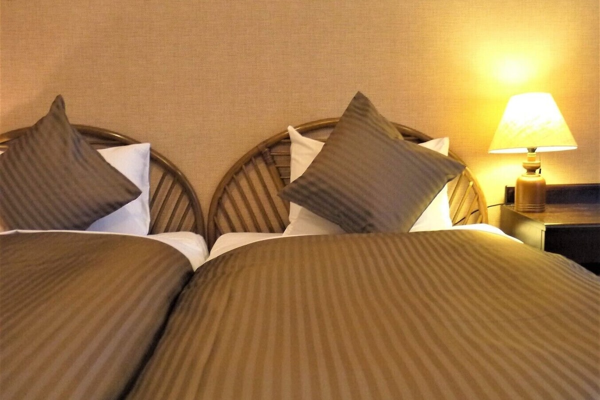A hotel room with a bed, pillows, and a nightstand with a lamp.