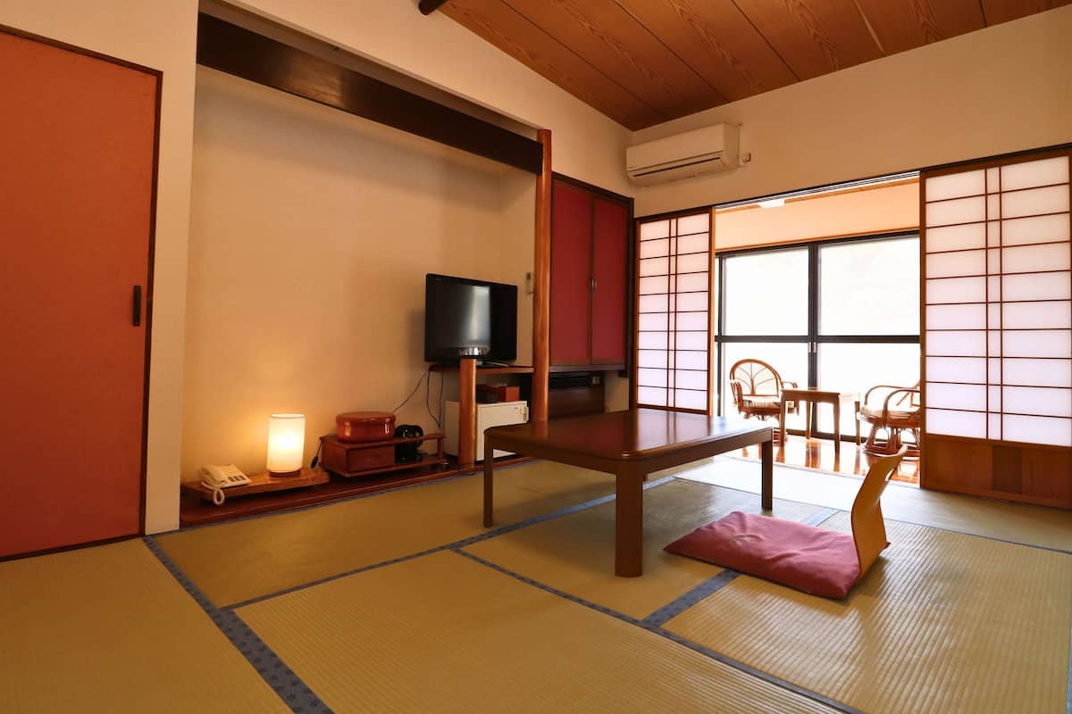 A traditional Japanese room with tatami flooring, a television, a desk, and a view through shoji screens.