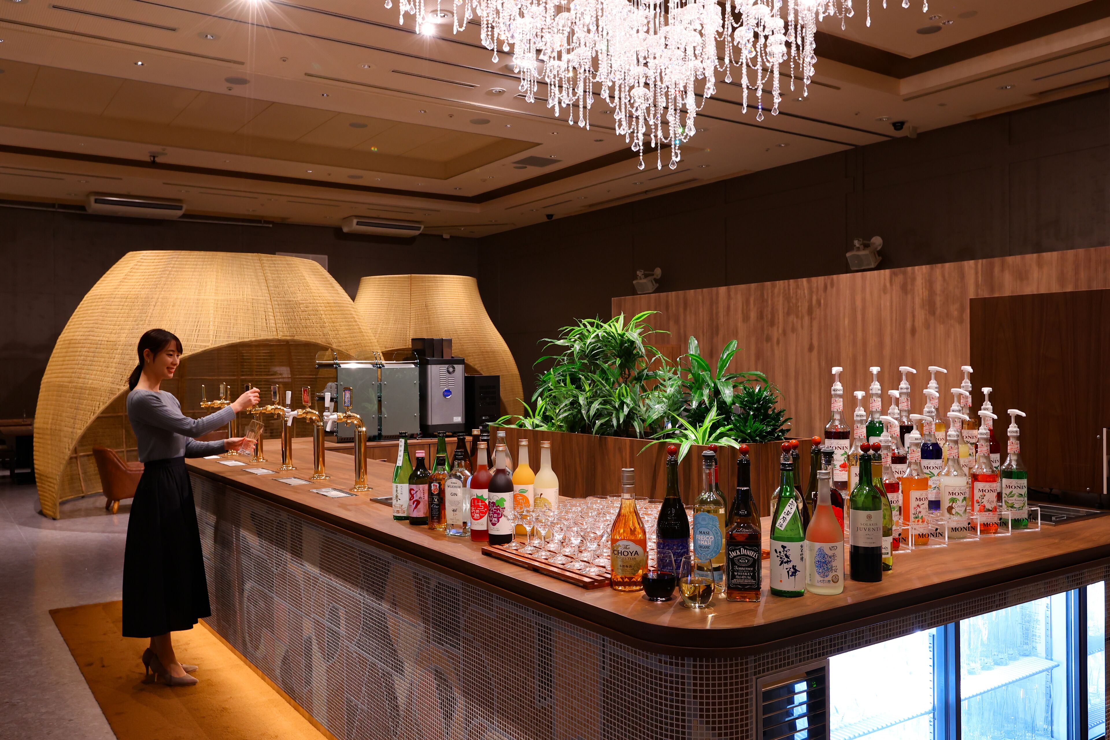 Zona de bar con una variedad de botellas y vasos, una mujer sirviendo bebidas y una planta grande al fondo.