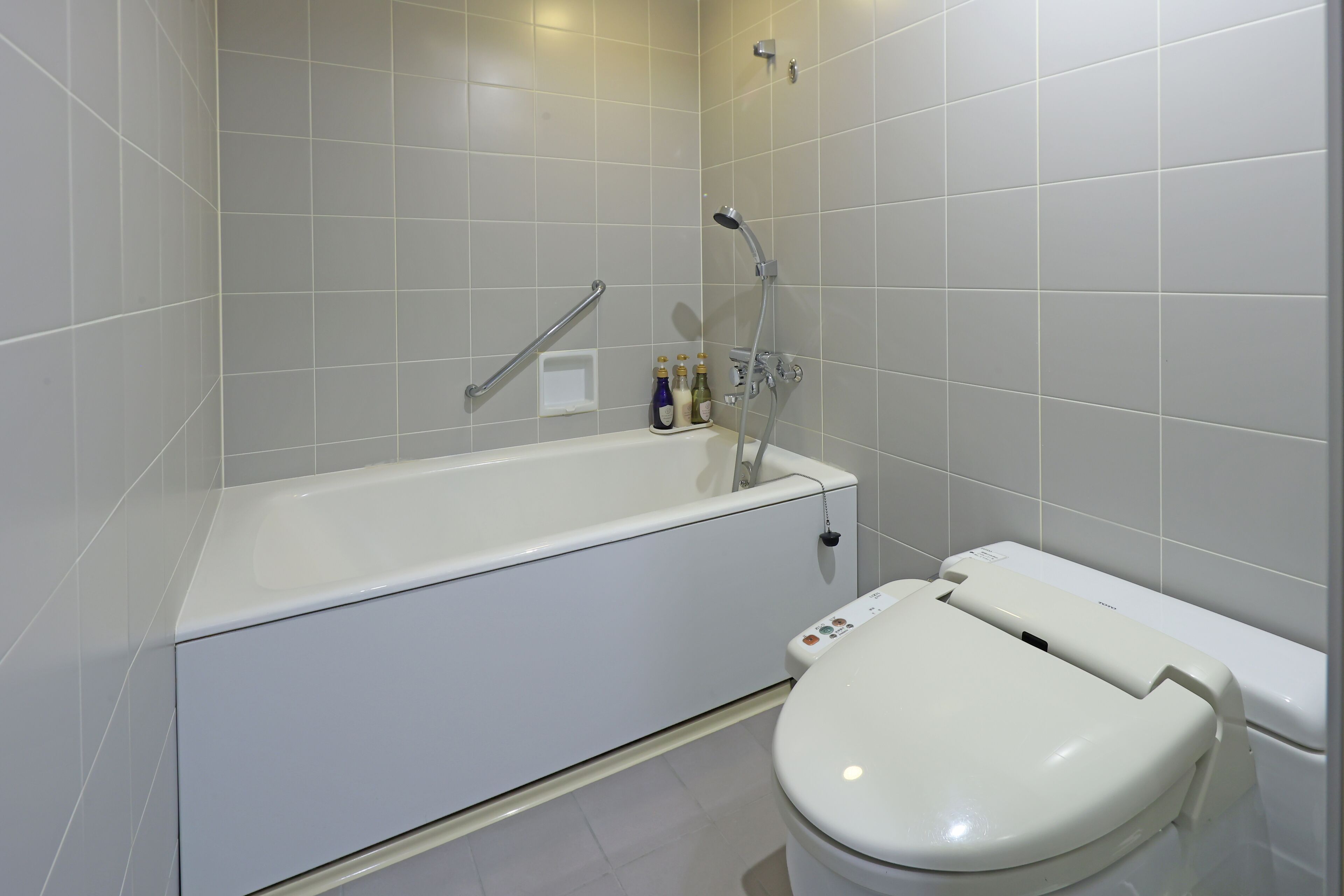 Une salle de bain moderne équipée d’une baignoire, de toilettes et de barres d’appui.