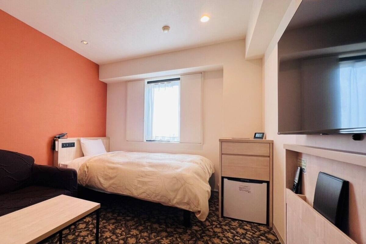 A hotel room with a bed, a desk, a television, and a window.