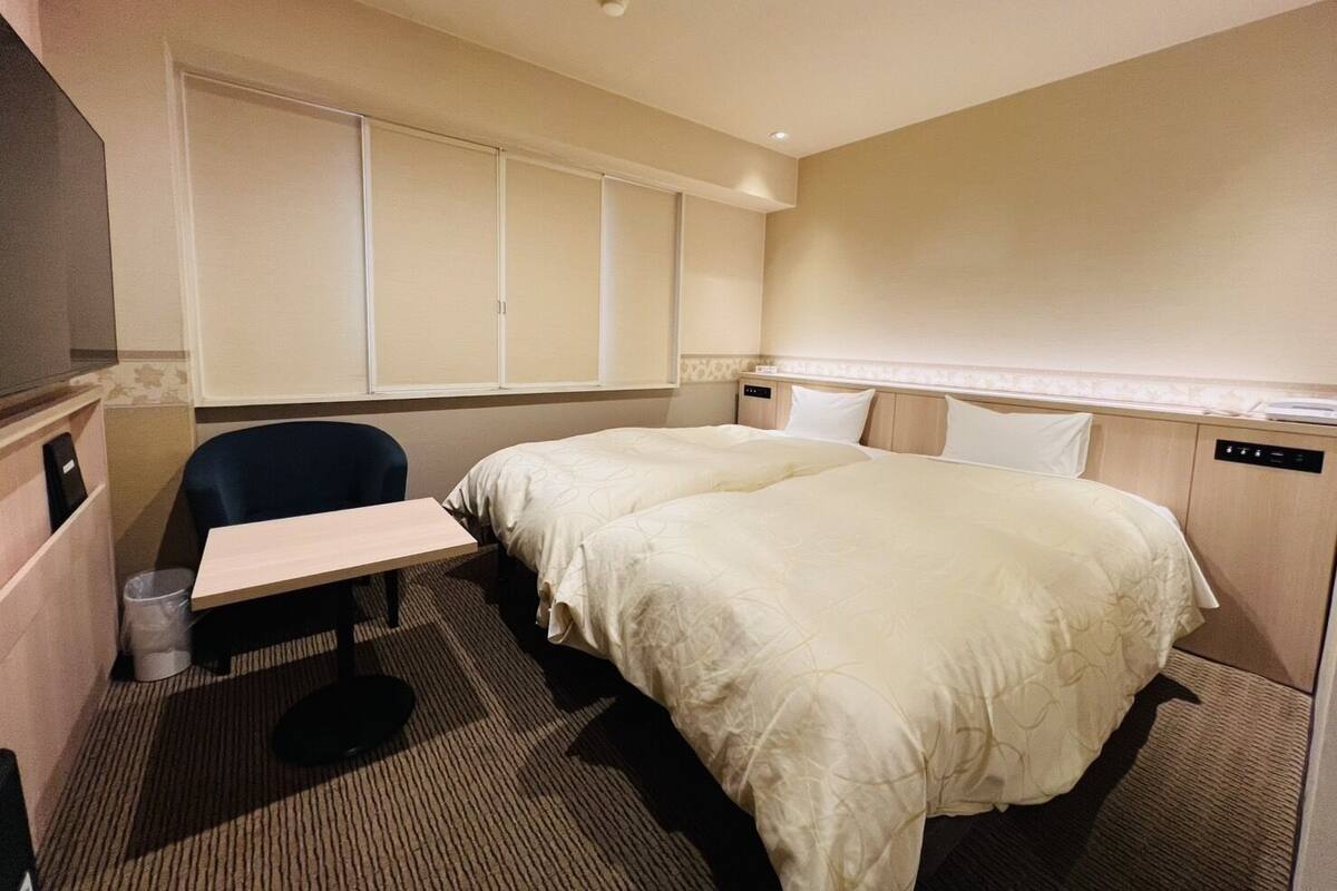 A hotel room with a single bed, a desk, and a chair.