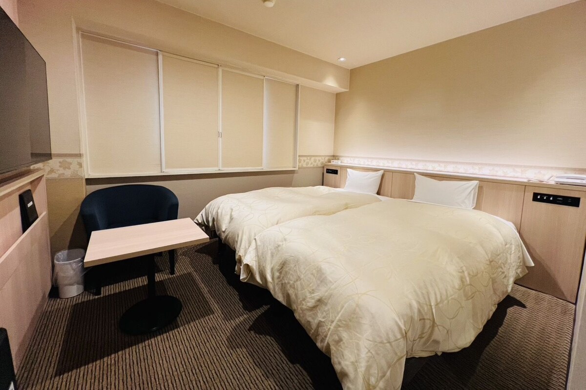 A hotel room with a single bed, a desk, and a chair.