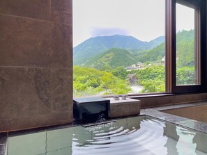 A room with a large window, a water feature, and a view of a mountainous landscape. - Shingenkan (Yamakita)
