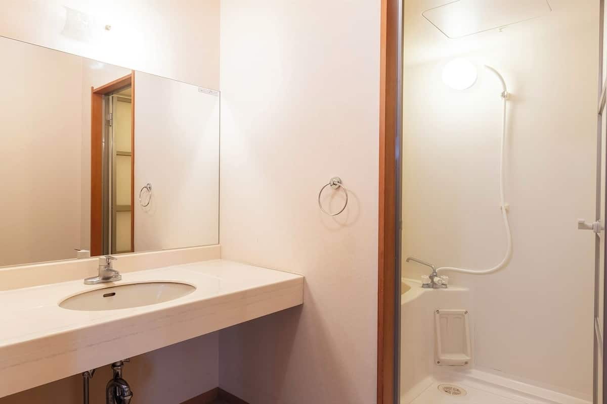 A bathroom with a sink, mirror, towel rings, and a shower.