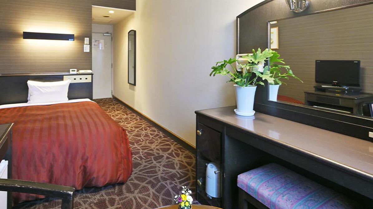 Une chambre d’hôtel avec un lit, un bureau, un miroir, une télévision et une plante en pot.