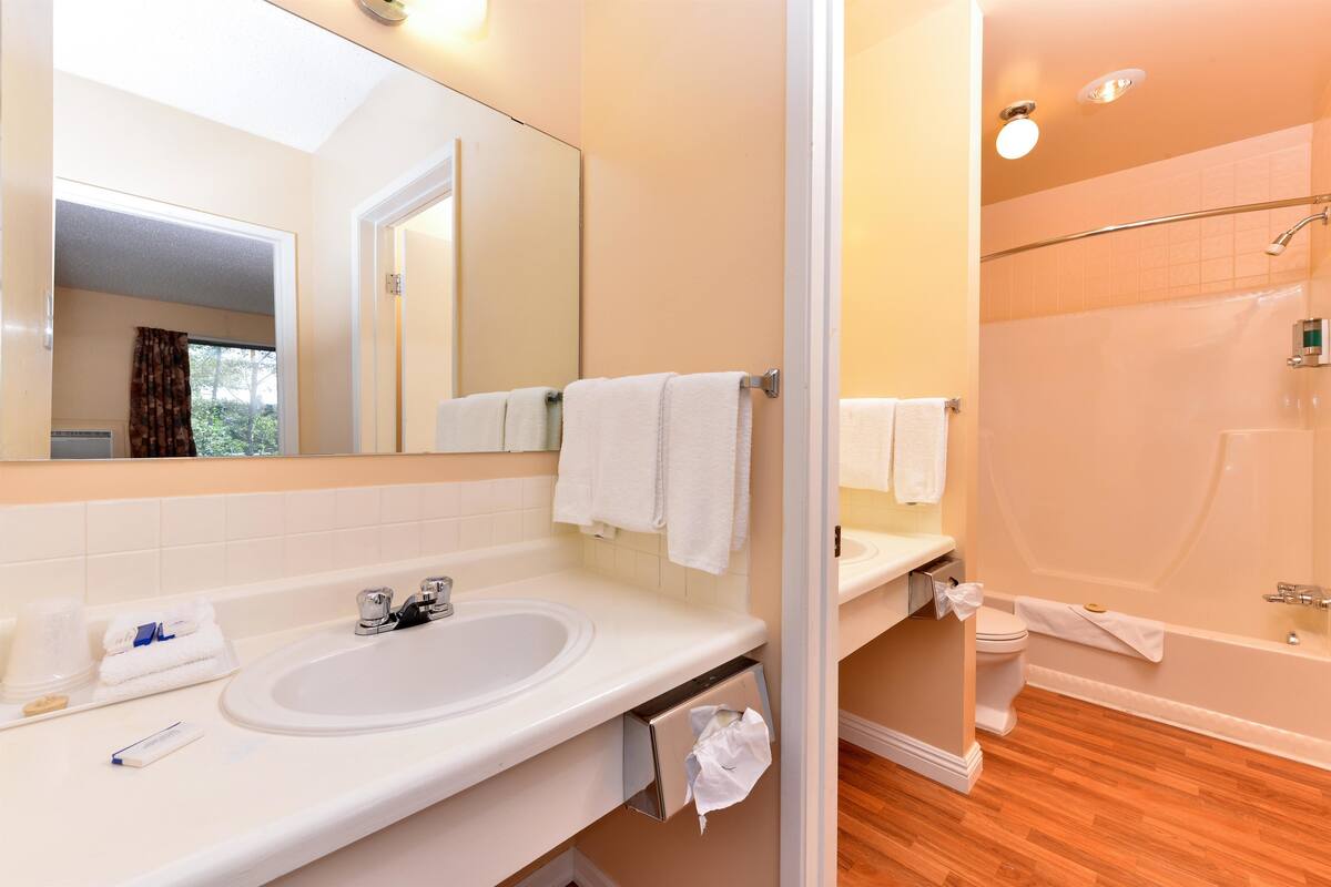 Baño con lavabo, espejo y ducha.