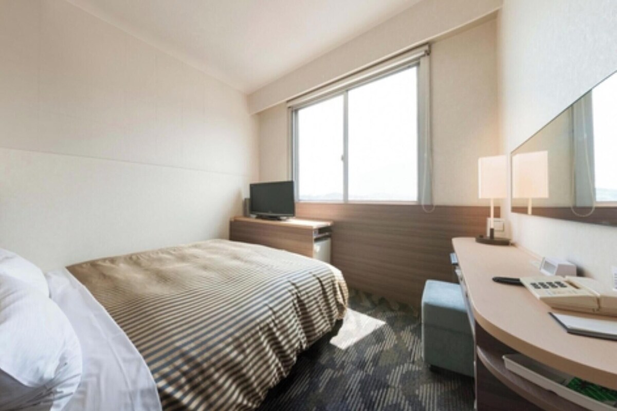 Une chambre d’hôtel avec un lit, un bureau, une télévision, un miroir et une fenêtre.