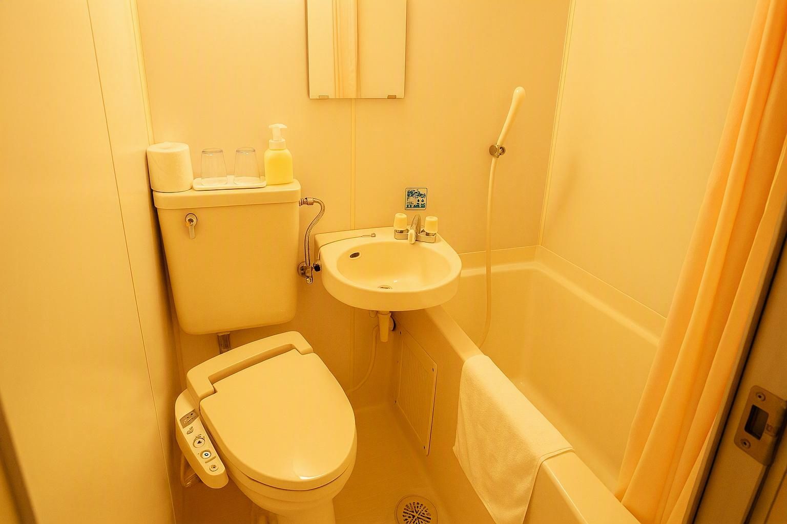Combined shower/tub, free toiletries, hair dryer, slippers