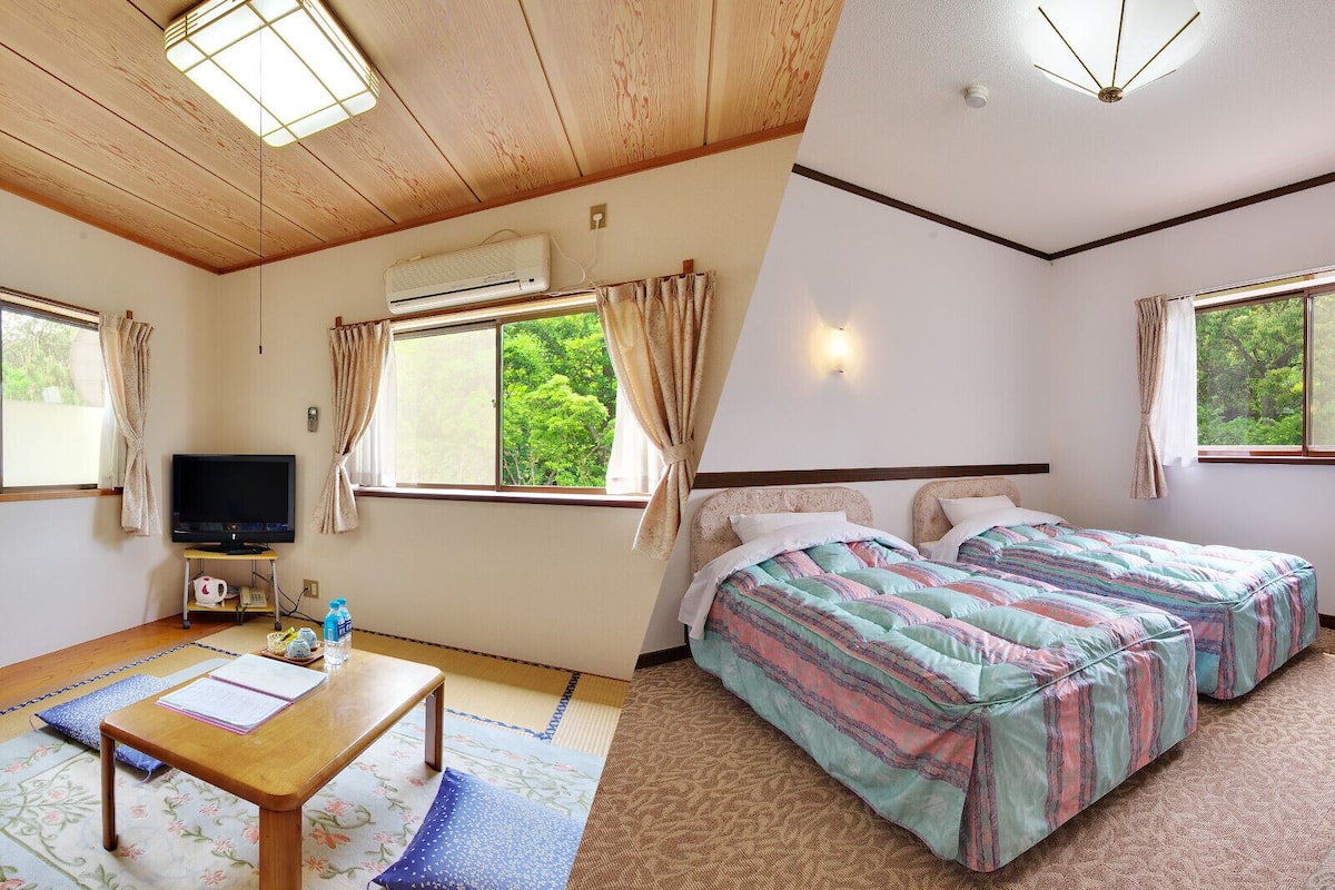 A bedroom with two beds, a TV, a desk, and a window with curtains.