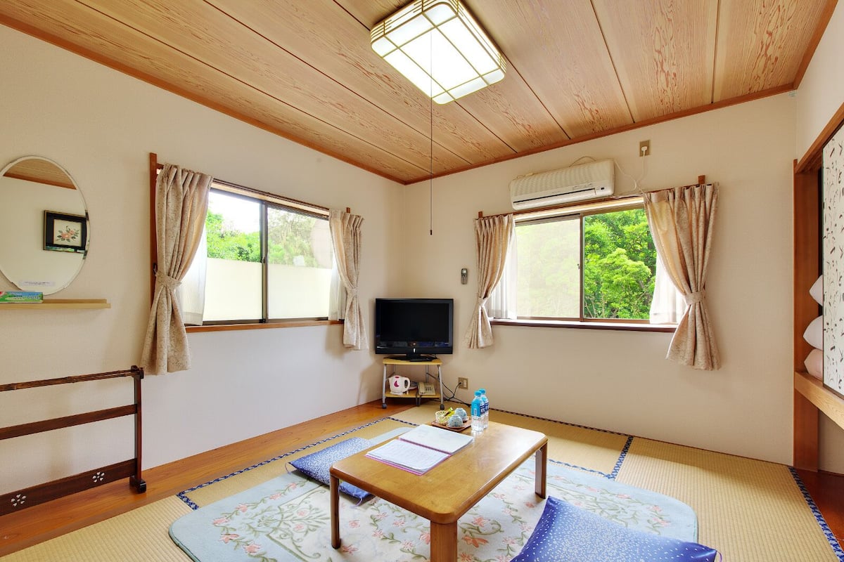 A room with tatami flooring, a wooden table, a television, and two windows with curtains.