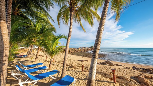 A beach with palm trees, a rocky shoreline, and blue lounge chairs. - Hotel Meson de Mita (Punta de Mita)