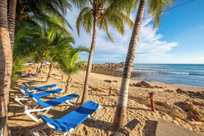A beach with palm trees, a rocky shoreline, and blue lounge chairs.