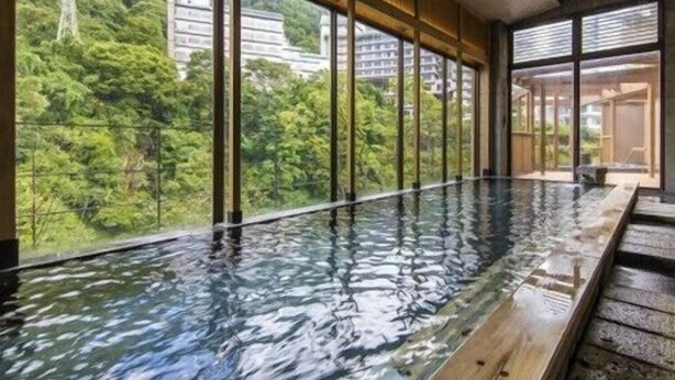 Ein langer, überdachter Pool mit Holzbänken, großen Fenstern und Blick auf Grünflächen und Gebäude.