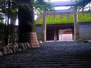 Una escalera de piedra que conduce a la entrada de un edificio tradicional con tejado cubierto de musgo y pilares de madera.