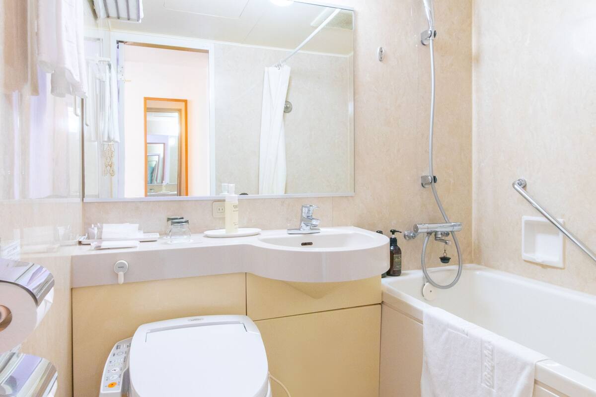 combined shower/bathtub, free toiletries, hair dryer, slippers