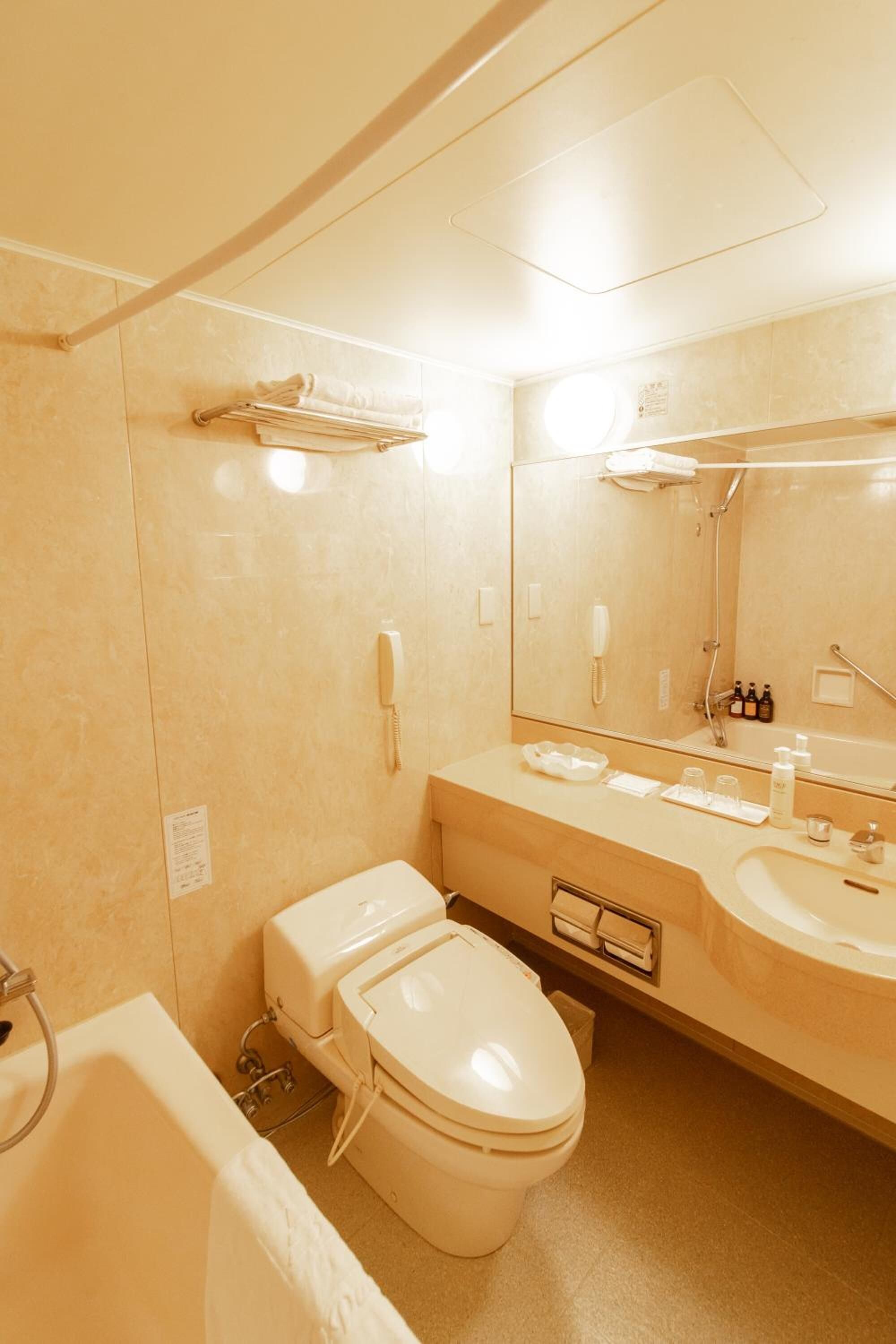 combined shower/bathtub, free toiletries, hair dryer, slippers